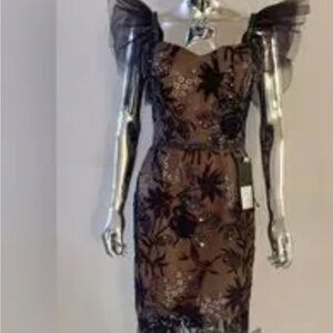 Bronx and Banco Navy Sheath Midi beaded Dress with embroidered florals